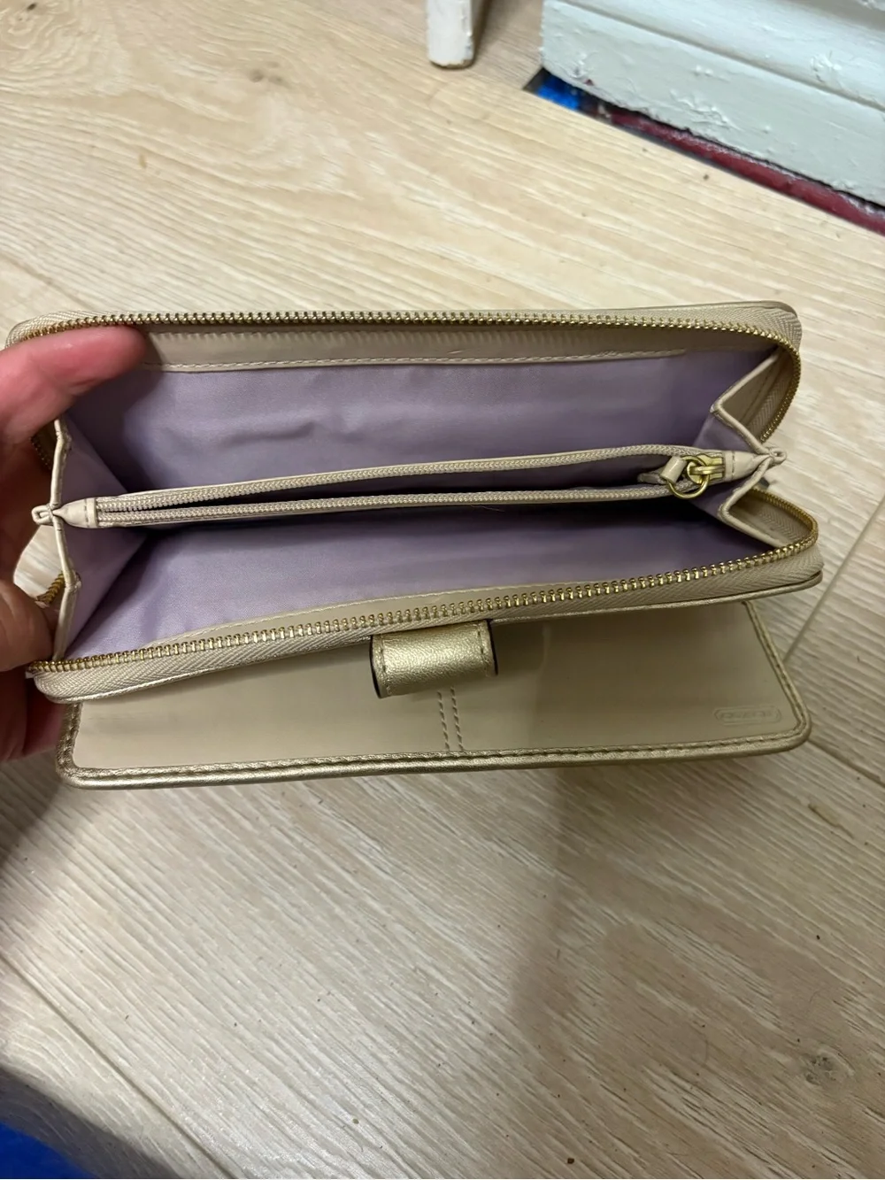 Coach Beige Jacquard Signature Snap Wallet with Gold Trim